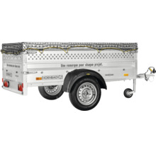 Humbaur PKW Anhänger mit Bordwandaufsatz, Ladungssicherungsnetz, Hornbach Logo und Stützrad.