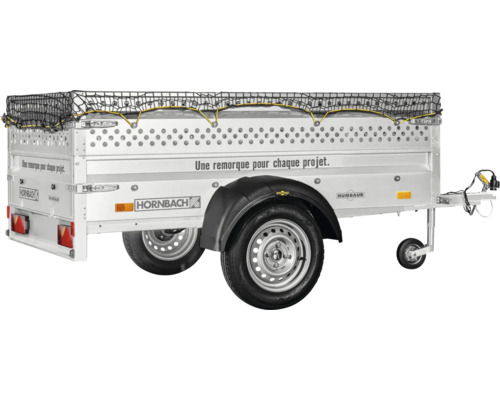 Humbaur PKW Anhänger mit Bordwandaufsatz, Ladungssicherungsnetz, Hornbach Logo und Stützrad.