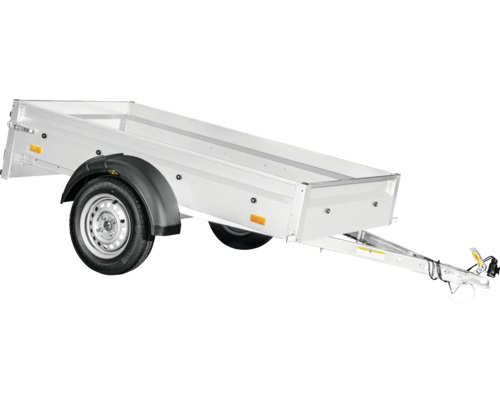 Anhänger für Personenkraftwagen mit offenem Kasten, Einachser, Bordwände aus Metall und Kunststoff-Kotflügel.