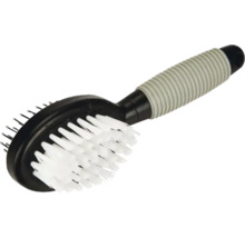 Doppelseitige Hundebürste mit weichen Borsten und Metallstiften, ergonomischer geriffelter Griff.