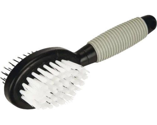 Doppelseitige Hundebürste mit weichen Borsten und Metallstiften, ergonomischer geriffelter Griff.