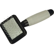 Fellbürste für Haustiere mit feinen Metallborsten, Schutzkappen und ergonomischem Griff.