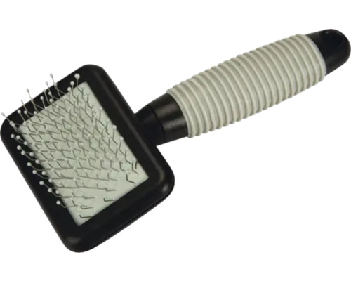 Fellbürste für Haustiere mit feinen Metallborsten, Schutzkappen und ergonomischem Griff.