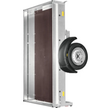 Remorque pour voiture posée verticalement avec châssis en acier galvanisé, plancher en bois, roue avec garde-boue, réflecteurs et Humbaur Logo.