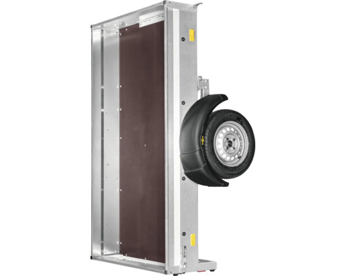 Remorque pour voiture posée verticalement avec châssis en acier galvanisé, plancher en bois, roue avec garde-boue, réflecteurs et Humbaur Logo.