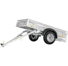 Remorque pour voiture argentée à un essieu avec fonction de basculement en acier galvanisé.