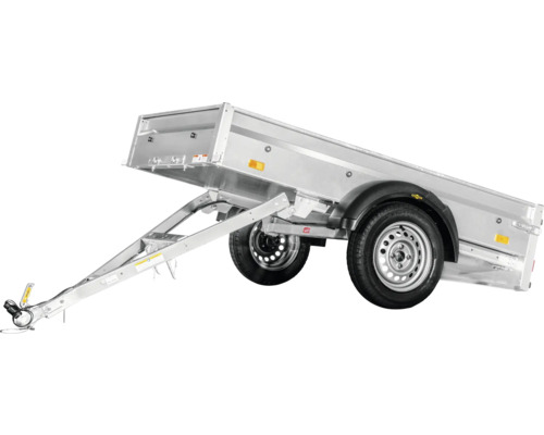 Remorque pour voiture argentée à un essieu avec fonction de basculement en acier galvanisé.