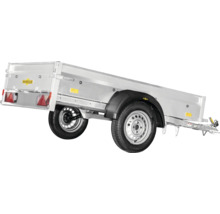 Remorque Humbaur à un essieu en aluminium avec feux arrière et garde-boue noirs.