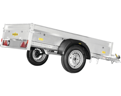 Remorque Humbaur à un essieu en aluminium avec feux arrière et garde-boue noirs.
