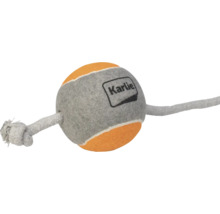 Jouet pour chien Karlie, balle de tennis sur corde avec nœud, surface en feutre orange et gris.