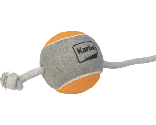 Jouet pour chien Karlie, balle de tennis sur corde avec nœud, surface en feutre orange et gris.