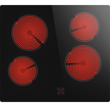 Plaque de cuisson vitrocéramique avec quatre zones de cuisson et commande tactile.