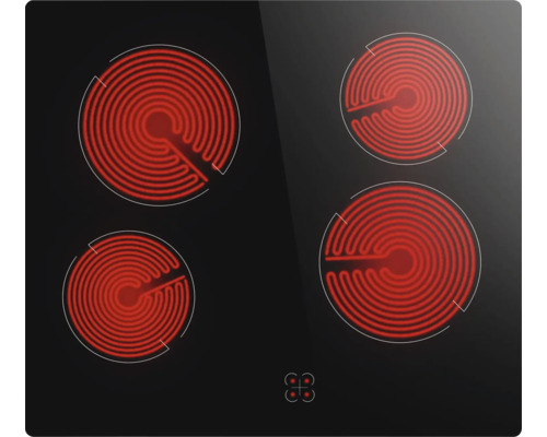 Plaque de cuisson vitrocéramique avec quatre zones de cuisson et commande tactile.