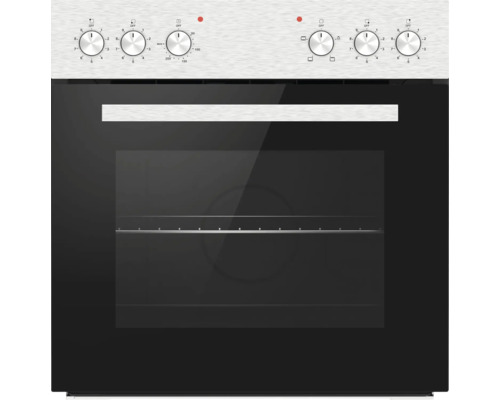 Four encastrable avec panneau de commande en acier inoxydable, six boutons rotatifs et façade en verre noir.