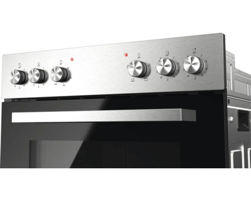 Panneau de commande d'un four encastrable en acier inoxydable avec six boutons rotatifs et une poignée.