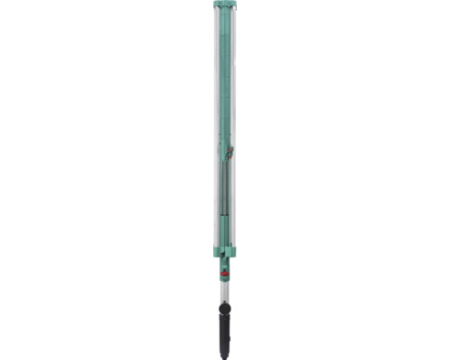 Manche télescopique en aluminium et plastique vert avec mécanisme de verrouillage rouge.