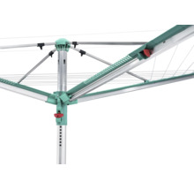 Vue détaillée d un séchoir parapluie en aluminium avec des composants en plastique vert et un levier de tension rouge.