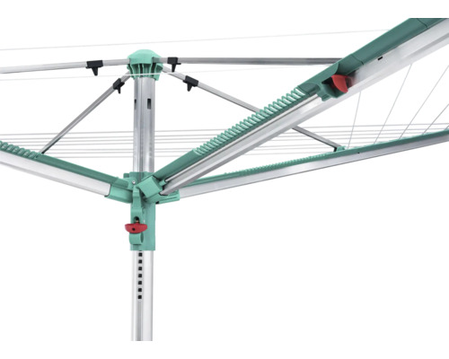 Vue détaillée d un séchoir parapluie en aluminium avec des composants en plastique vert et un levier de tension rouge.