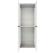 Armoire haute ouverte blanche avec quatre étagères en verre et une étagère fixe au milieu.