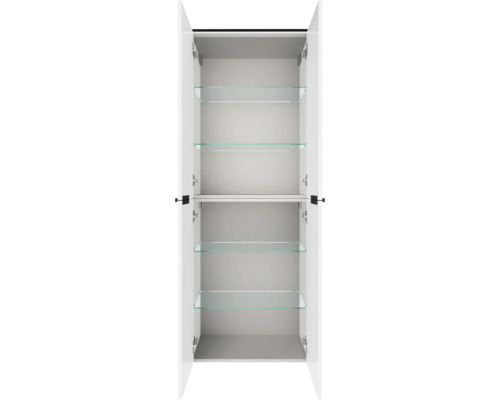 Armoire haute ouverte blanche avec quatre étagères en verre et une étagère fixe au milieu.