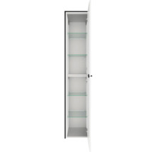 Colonne de salle de bains blanche avec porte ouverte et quatre tablettes en verre.