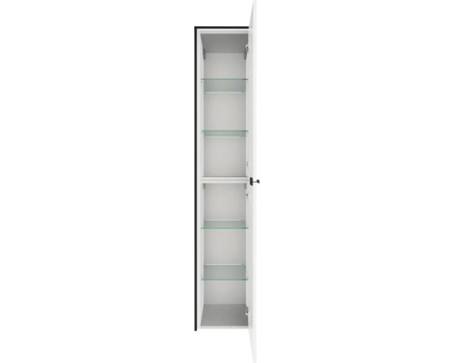 Colonne de salle de bains blanche avec porte ouverte et quatre tablettes en verre.