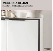 Meuble de salle de bain Fackelmann au design moderne, façade blanche avec bords noirs et poignée noire. Fackelmann Logo.