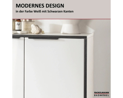Meuble de salle de bain Fackelmann au design moderne, façade blanche avec bords noirs et poignée noire. Fackelmann Logo.