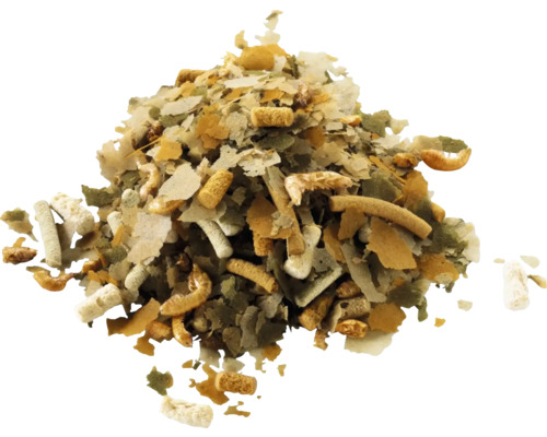 Mélange d'aliments pour poissons avec flocons, bâtonnets et crustacés séchés pour poissons d'aquarium.