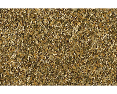 Mélange de flocons et de granulés de nourriture pour poissons d'aquarium.