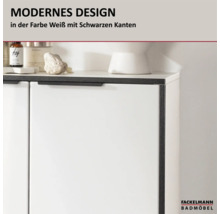 Meuble de salle de bain Fackelmann au design moderne blanc avec bordures et poignées noires. Logo Fackelmann Badmöbel.