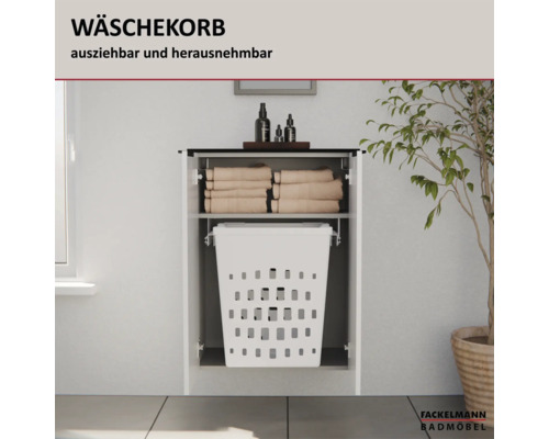Panier à linge extractible et amovible intégré dans un meuble de salle de bain avec étagère à serviettes. Logo Fackelmann Badmöbel.