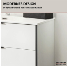 Moderner Waschbeckenunterschrank in Weiß mit schwarzen Kanten und Fackelmann Badmöbel Logo.