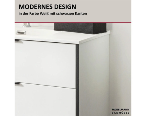 Moderner Waschbeckenunterschrank in Weiß mit schwarzen Kanten und Fackelmann Badmöbel Logo.