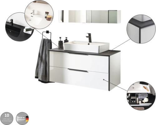 Modernes Badmöbel-Set mit weißem Unterschrank, zwei Schubladen, schwarzer Abdeckplatte, Aufsatzwaschbecken und Spiegelschrank. Hergestellt in Deutschland.