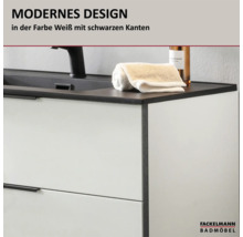 Moderner Waschtischunterschrank in Weiss mit schwarzen Kanten, schwarzes Waschbecken mit Armatur, Fackelmann Logo.