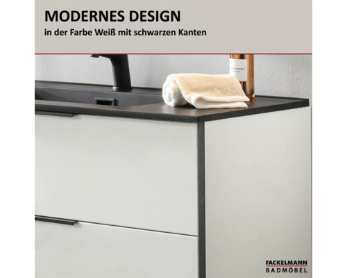 Moderner Waschtischunterschrank in Weiss mit schwarzen Kanten, schwarzes Waschbecken mit Armatur, Fackelmann Logo.