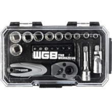Coffret de douilles WGB dans une boîte en plastique avec cliquet, embouts, rallonge et diverses douilles.