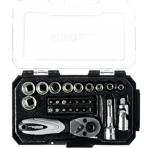 Jeu de douilles WGB dans un coffret en plastique noir avec couvercle transparent comprenant cliquet réversible, douilles, embouts et accessoires.