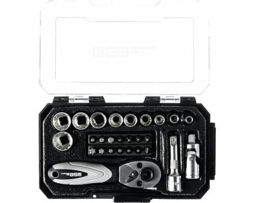 Jeu de douilles WGB dans un coffret en plastique noir avec couvercle transparent comprenant cliquet réversible, douilles, embouts et accessoires.
