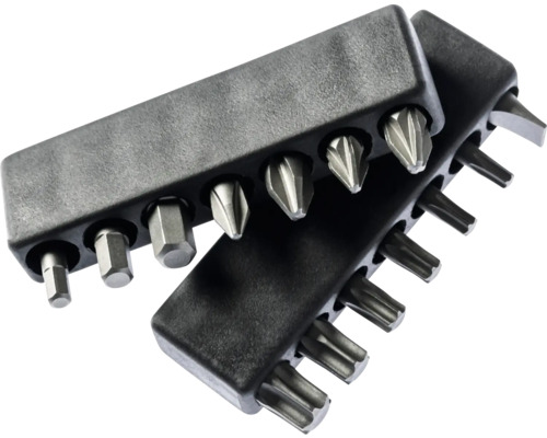 Jeu d'embouts de vissage variés dans deux supports en plastique noir.