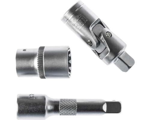 Accessoires pour clé à douille en métal avec cardan, douille et rallonge.