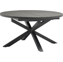 Table de jardin ronde avec plateau anthracite aspect lattes et piètement en croix en métal.