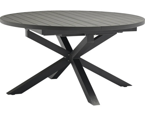 Table de jardin ronde avec plateau anthracite aspect lattes et piètement en croix en métal.