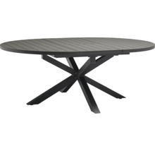 Table de jardin ovale de couleur anthracite en métal avec plateau à lattes et pied en étoile.