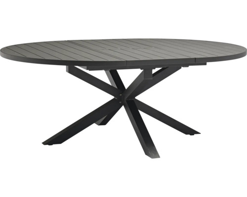 Table de jardin ovale de couleur anthracite en métal avec plateau à lattes et pied en étoile.