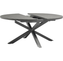 Table de jardin ronde extensible avec plateau anthracite à lattes et pied en étoile en métal noir.