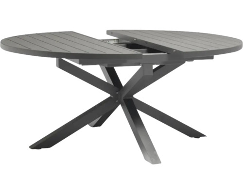 Table de jardin ronde extensible avec plateau anthracite à lattes et pied en étoile en métal noir.
