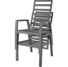 Chaise de jardin empilable en aluminium anthracite avec accoudoirs et lattes horizontales.