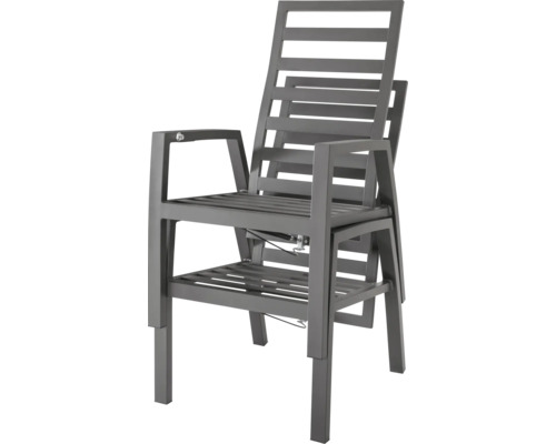 Chaise de jardin empilable en aluminium anthracite avec accoudoirs et lattes horizontales.